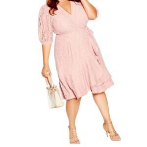 City Chic dress Sweetie Sleeve faux wrap lace pink size M 18